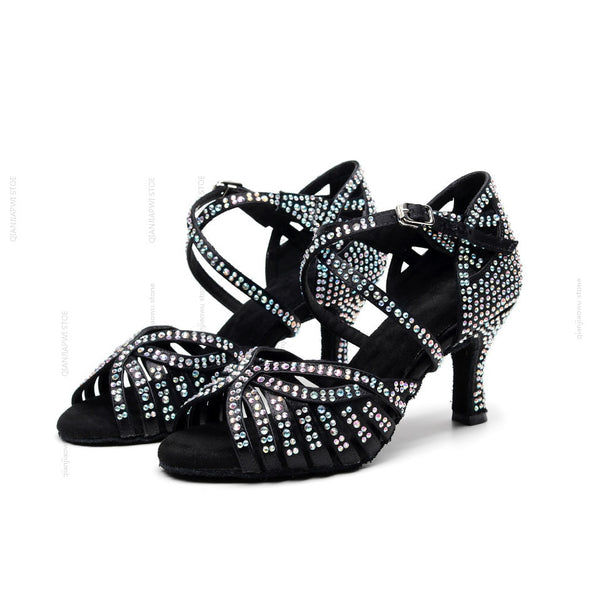 European Style Salsa Jazz Ballroom Latin Dance ladies Shoes For Dancing Women Czech Women Heel Rhinestones female Black Sandals
