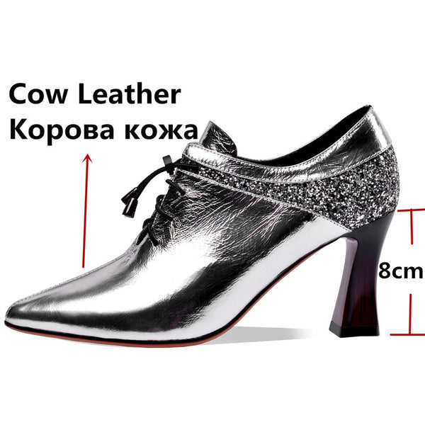 FEDONAS Concise Blingbling Pumps Women Spring Autumn Cross Tied Genuine Leather Basic Office Party Shoes Woman Strange  Heeled