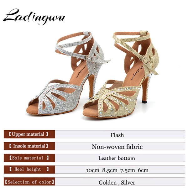 Ldaingwu New Golden/Silver Shoes For Ballroom Dancing Woman Flash Cloth Collocation Shine Rhinestone Latin Dance Shoes Women's