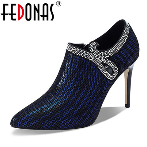 FEDONAS 2020 Quality Women Genuine Leather Pointed Toe Thin High Heels Pumps Side Zipper Crystal Party Prom Dancing Shoes Woman
