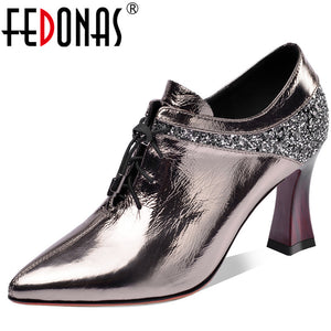 FEDONAS Concise Blingbling Pumps Women Spring Autumn Cross Tied Genuine Leather Basic Office Party Shoes Woman Strange  Heeled