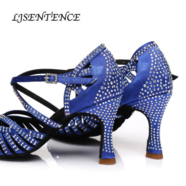 Women Party Dance Shoes Latin Dance Heels Satin Shining Rhinestones Suede Soft Bottom Woman Salsa Dance Shoes heel 6CM 10CM Blue