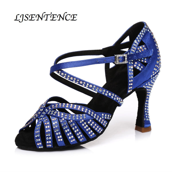 Women Party Dance Shoes Latin Dance Heels Satin Shining Rhinestones Suede Soft Bottom Woman Salsa Dance Shoes heel 6CM 10CM Blue