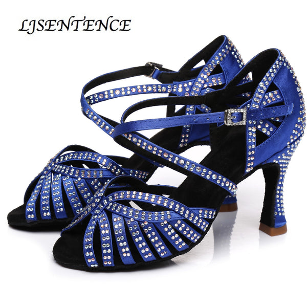 Women Party Dance Shoes Latin Dance Heels Satin Shining Rhinestones Suede Soft Bottom Woman Salsa Dance Shoes heel 6CM 10CM Blue